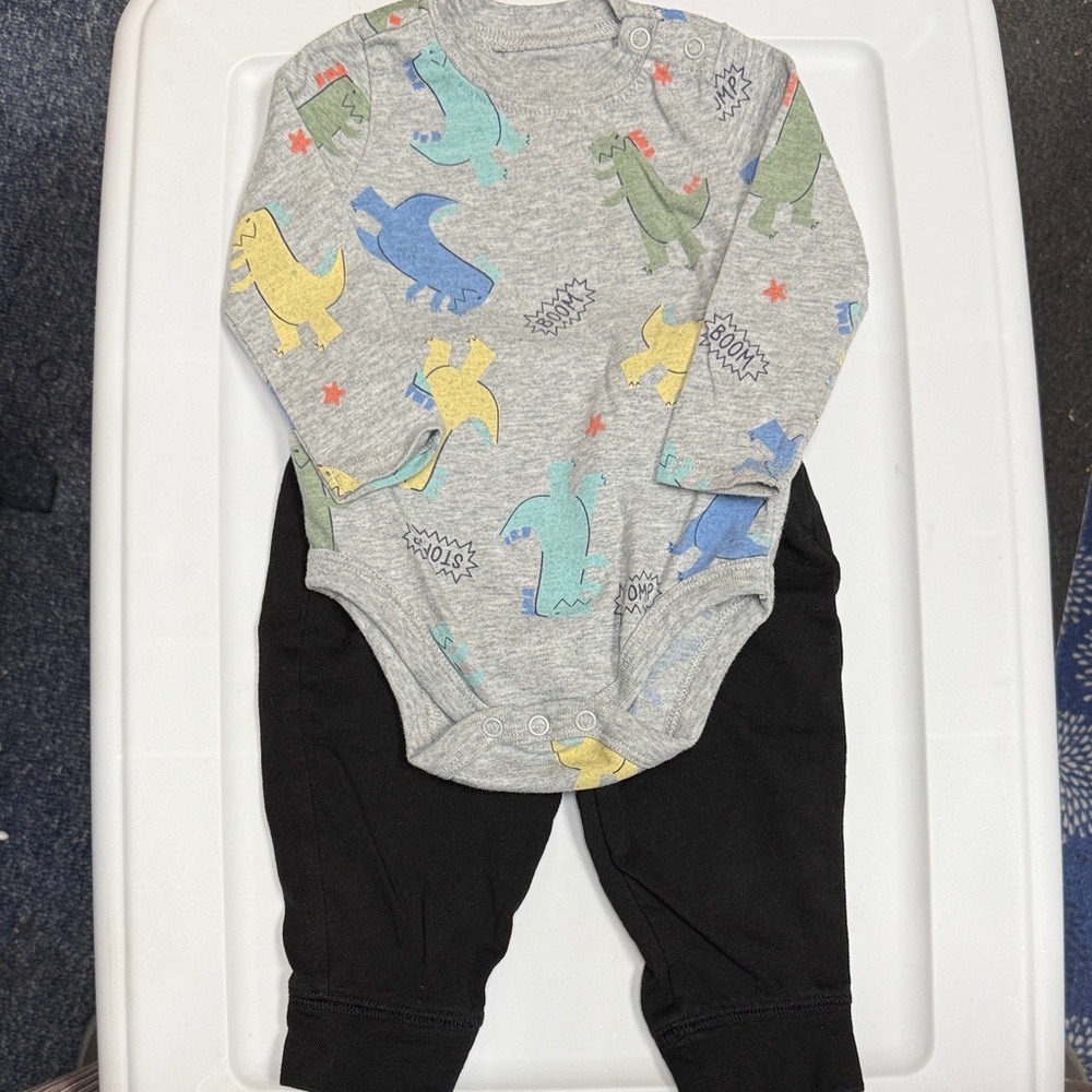 2 Piece- Dinosaur Print Baby Onesie with Black Joggers
